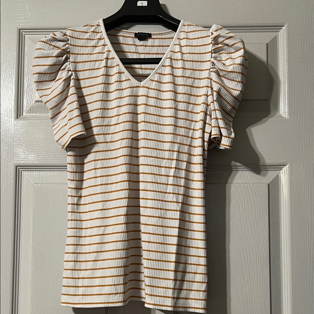 Ann Taylor White and Gold Striped Puff Sleeve Top